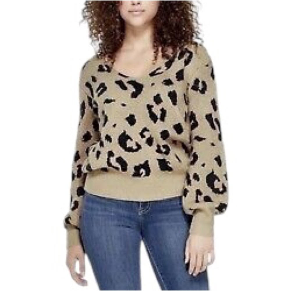 Guess Nala Leopard Fuzzy Puff Sleeve Oversized Sweater - L